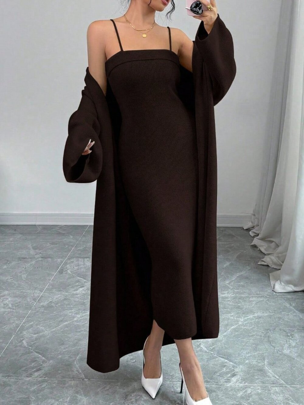 Brown Casual Minimalist Women's Spaghetti Strap knit Dress & cardigan set - Picture 2 of 8